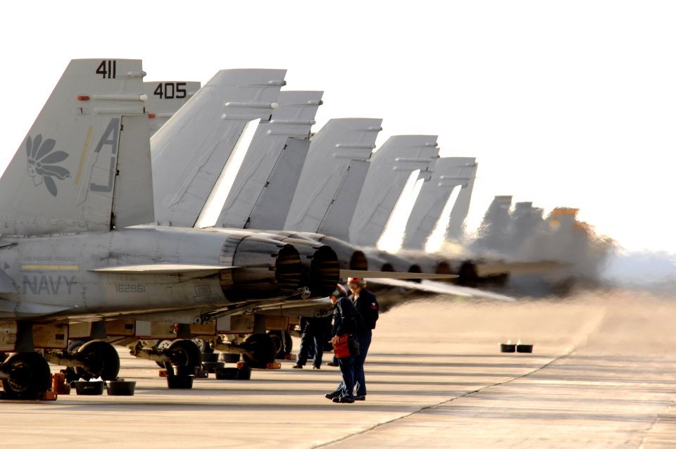 US Navy 070410-F-3488S-021 Navy F-A-18 aircraft from Strike Fighter Squadron (VFA) 87 prepare to take off on a mission during Red Flag-Alaska 07-1