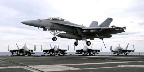 US Navy 070409-N-5345W-134 An F-A-18F Super Hornet assigned to the Swordsmen of Strike Fighter Squadron (VFA) 32 prepares for an arrested recovery on the flight deck of the Nimitz-class aircraft carrier USS Harry S. Truman (CVN