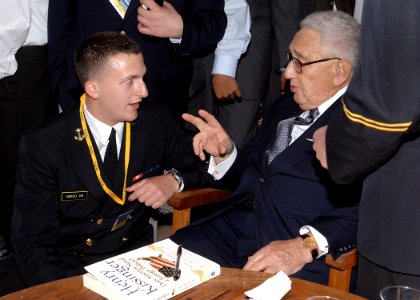 US Navy 070411-N-5390M-002 Former National Security Advisor and Secretary of State Dr. Henry A. Kissinger talks with Midshipman 3rd Class Roger Misso after an address to the Brigade of Midshipmen at the U.S. Naval Academy