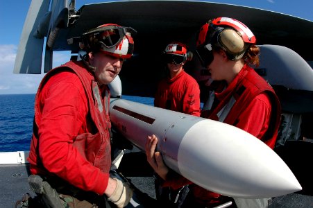 US Navy 070409-N-9760Z-073 Aviation Ordnancemen assigned to the Black Aces of Strike Fighter Squadron (VFA) 41 load a CATM-7 Sea Sparrow Missile on a F-A-18F Super Hornet
