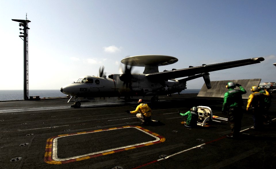 US Navy 070410-N-3729H-003 An E-2C Hawkeye from the Golden Hawks of Carrier Airborne Early Warning Squadron (VAW) 112 launches from the flight deck aboard the Nimitz-class aircraft carrier USS John C. Stennis (CVN 74)