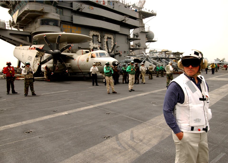 US Navy 070409-N-6854D-005 Representative Gene Taylor from Mississippi observes flight operations during a visit to the Nimitz-class aircraft carrier USS Dwight D. Eisenhower (CVN 69)