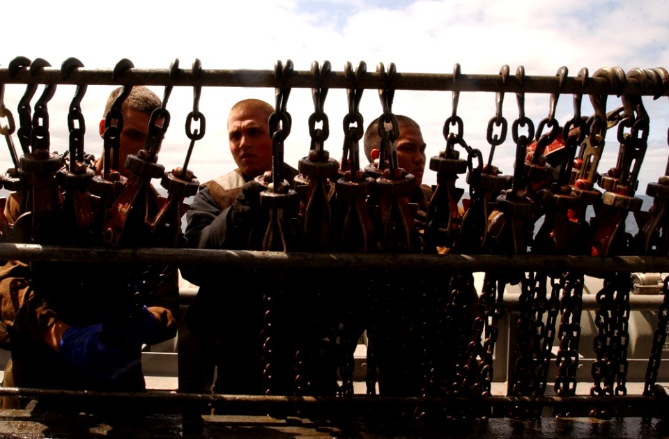 US Navy 070419-N-4009P-342 Sailors aboard USS Ronald Reagan (CVN 76) gather chains used to tether down aircraft on the flight deck
