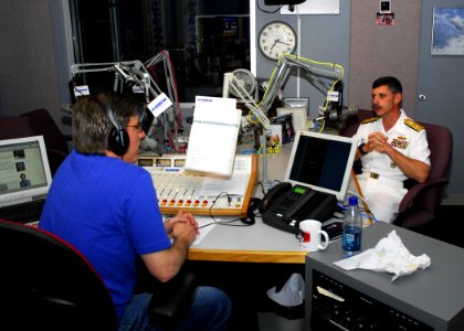 US Navy 070418-N-2903M-001 Commander, Carrier Strike Group Two, Rear Adm. Michael C. Vitale discusses the status of the Navy with WHAS morning host Tony Cruise