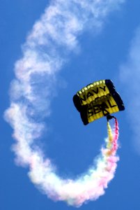 US Navy 070426-N-4163T-212 Members of the U.S. Navy Parachute Demonstration Team, the Leap Frogs, descend onto Naval Base San Diego during a Naval Special Warfare Center career fair