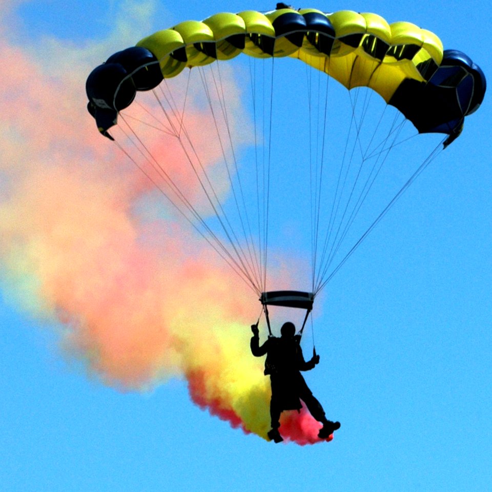 US Navy 070426-N-4163T-233 A member of the U.S. Navy Parachute Demonstration Team, the Leap Frogs, descends onto Naval Base San Diego during a Naval Special Warfare Center career fair