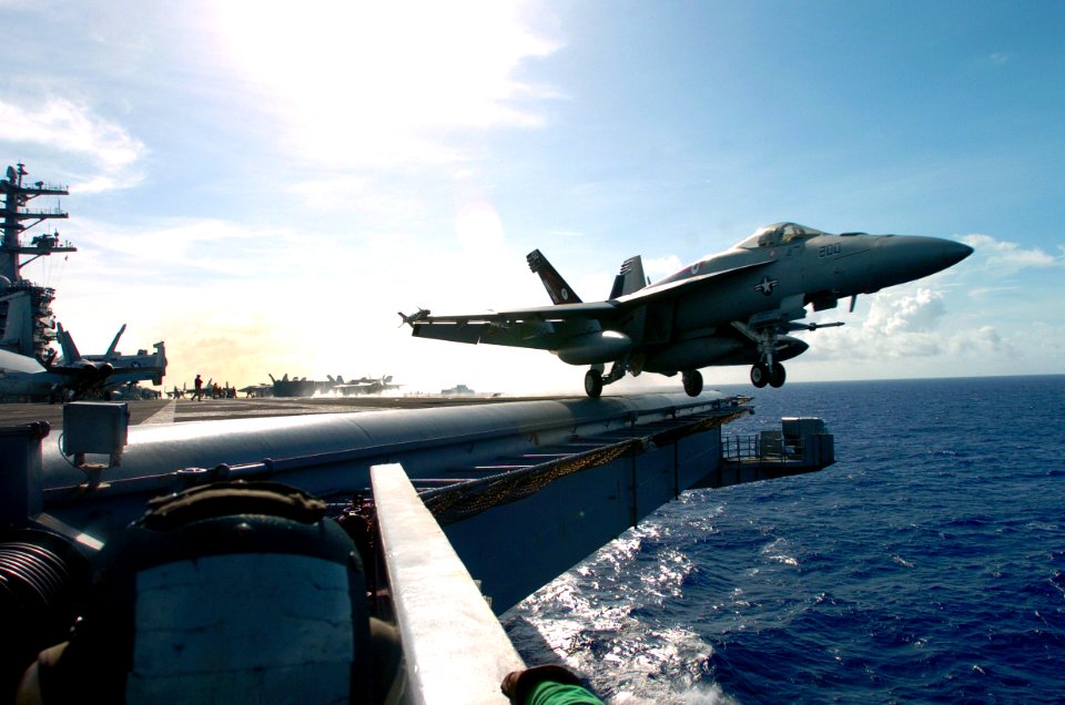 US Navy 070426-N-4420S-112 An F-A-18F Super Hornet, assigned to the Top Hatters of Strike Fighter Squadron (VFA) 14, launches off the flight deck aboard nuclear-powered aircraft carrier USS Nimitz (CVN 68)