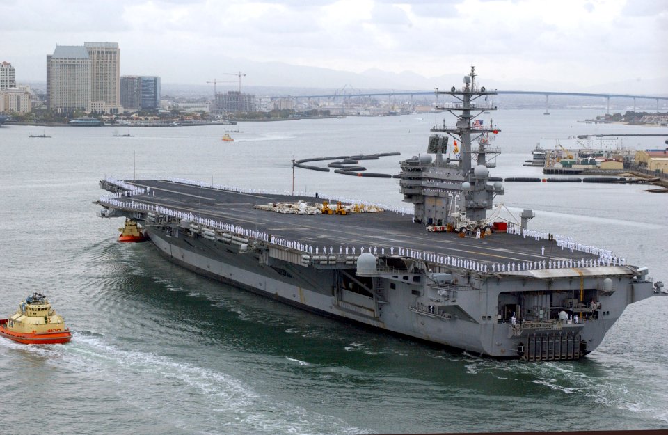 US Navy 070420-N-4776G-301 As Sailors man the rails, USS Ronald Reagan (CVN 76) navigates through San Diego harbor as she returns to homeport