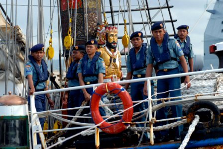 US Navy 070420-N-4965F-005 Sailors assigned to Indonesian naval training ship KRI Dewaruci stand by to handle mooring lines while pierside Naval Station Pearl Harbor