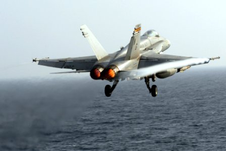 US Navy 070424-N-2659P-243 An F-A-18C Hornet, assigned to the Death Rattlers of Marine Strike Fighter Squadron (VMFA) 323, launches from the flight deck of Nimitz-class aircraft carrier USS John C. Stennis (CVN 74)