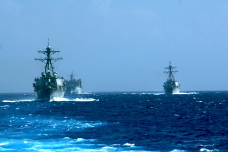 US Navy 070427-N-5484G-083 Ships assigned to the Nimitz (CVN 68) Carrier Strike Group (CSG) 11 follow closely behind the nuclear-powered aircraft carrier USS Nimitz (CVN 68) while entering the Philippine Sea
