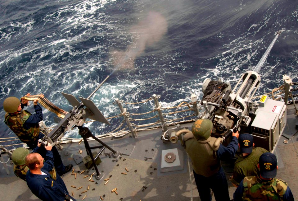 US Navy 070425-N-5169H-033 Sailors conduct an underway live-fire exercise for qualification purposes aboard guided missile destroyer USS Preble (DDG 88) as part of Exercise Arabian Gauntlet 2007