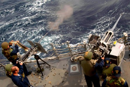 US Navy 070425-N-5169H-033 Sailors conduct an underway live-fire exercise for qualification purposes aboard guided missile destroyer USS Preble (DDG 88) as part of Exercise Arabian Gauntlet 2007