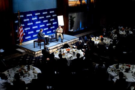 US Navy 070501-N-0696M-079 Chief of Naval Operations (CNO) Adm. Mike Mullen speaks with Timothy B. Clark, Editor and President of Government Executive magazine during a leadership breakfast at the National Press Club