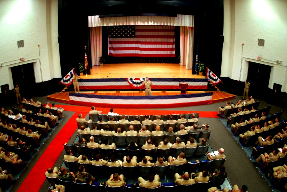 US Navy 070501-N-0696M-503 Chief of Naval Operations (CNO) Adm. Mike Mullen answers questions during one of two all hands calls held at the Naval Station Norfolk base theater