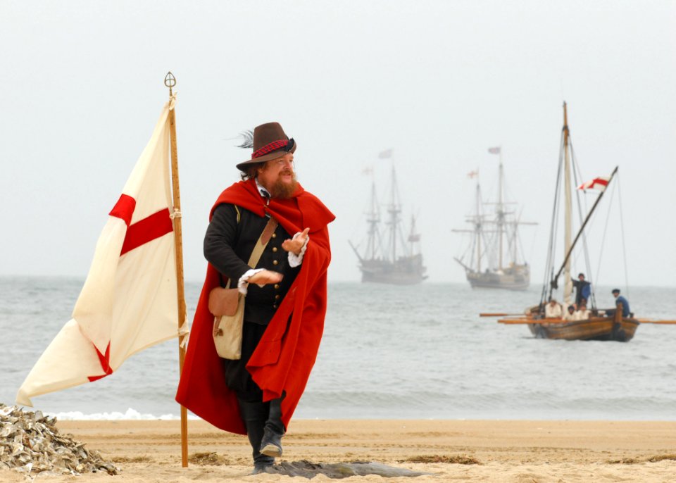 US Navy 070426-N-1688B-163 John Smith, played by Dennis Farmer, claims the beach for England during a re-enactment ceremony on the 400th anniversary of the First Landing