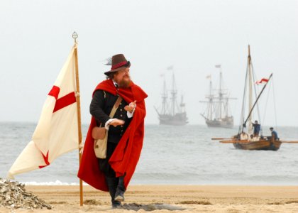 US Navy 070426-N-1688B-163 John Smith, played by Dennis Farmer, claims the beach for England during a re-enactment ceremony on the 400th anniversary of the First Landing