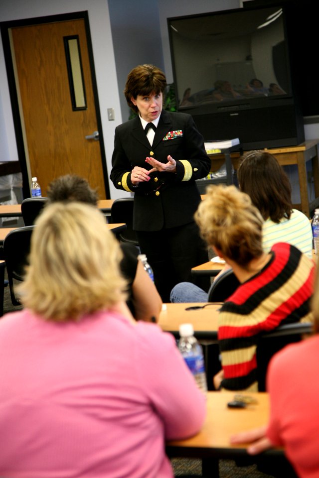 US Navy 070501-N-3271W-002 Rear Adm. Karen Flaherty, Deputy Commander, Navy Medicine, National Capital Area, tells her story to students at Creighton University School of Nursing and highlights the benefits of the Navy's