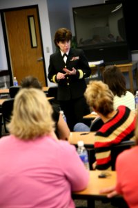 US Navy 070501-N-3271W-002 Rear Adm. Karen Flaherty, Deputy Commander, Navy Medicine, National Capital Area, tells her story to students at Creighton University School of Nursing and highlights the benefits of the Navy's