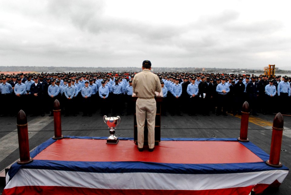 US Navy 070426-N-3659B-023 USS Ronald Reagan (CVN 76) Commanding Officer, Capt. Terry B. Kraft, addresses the crew during captain's call on the flight deck of Ronald Reagan