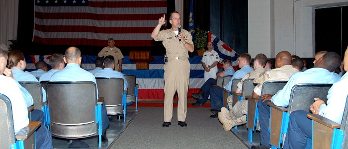 US Navy 070501-N-1082Z-006 Chief of Naval Operations (CNO) Adm. Mike Mullen speaks to Sailors at one of two all hands calls in the base theater