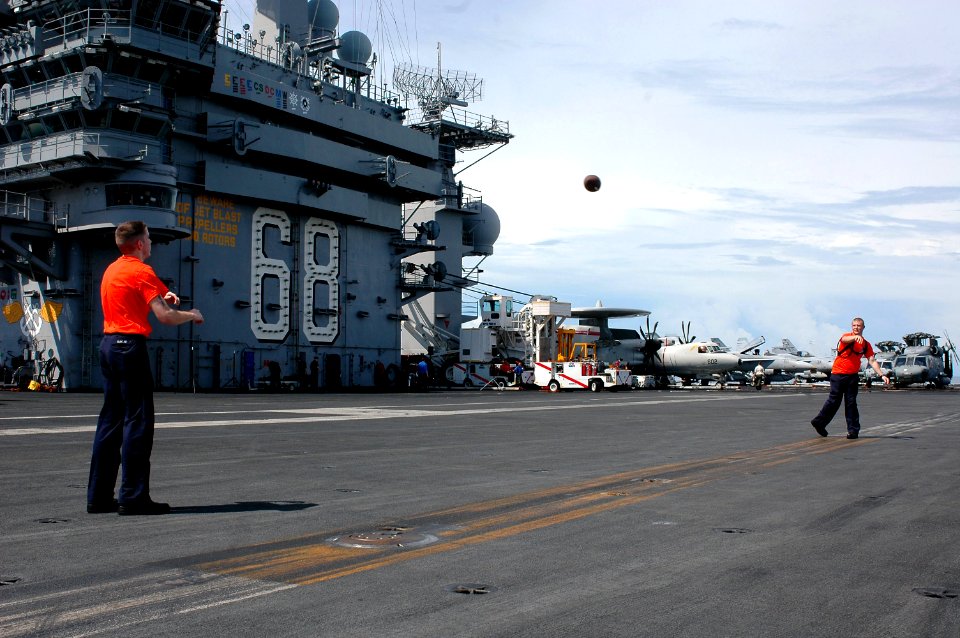 US Navy 070428-N-9760Z-013 Sailors play football on the flight deck of the nuclear-powered aircraft carrier USS Nimitz (CVN 68) during their free time