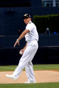 US Navy 070501-N-3659B-368 USS Ronald Reagan (CVN 76) Commanding Officer, Capt. Terry B. Kraft, throws out the ceremonial first pitch prior to a San Diego Padres baseball game honoring the ship