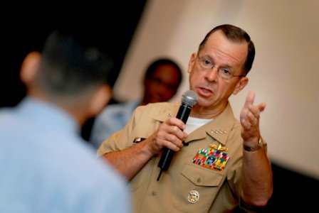 US Navy 070501-N-0696M-345 Chief of Naval Operations (CNO) Adm. Mike Mullen answers a Sailor's question during one of two all hands calls held at the Naval Station Norfolk base theater