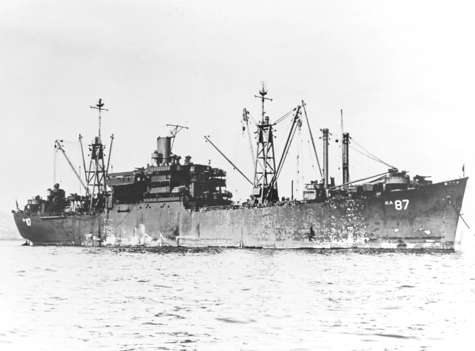 USS Duplin (AKA-87) at anchor, circa in 1945 (NH 78560)