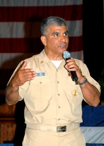 US Navy 070501-N-1082Z-009 Master Chief Petty Officer of the Navy (MCPON) Joe R. Campa Jr. speaks to Sailors at an all hands call in the base theater