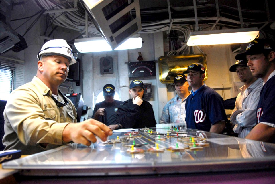 US Navy 070501-N-3659B-136 Senior Chief Aviation Boatswain's Mate Timothy Goode explains flight deck operations aboard USS Ronald Reagan (CVN 76) to representatives the Washington Nationals baseball team