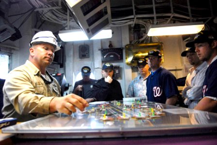 US Navy 070501-N-3659B-136 Senior Chief Aviation Boatswain's Mate Timothy Goode explains flight deck operations aboard USS Ronald Reagan (CVN 76) to representatives the Washington Nationals baseball team