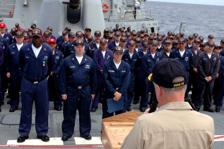 US Navy 070430-N-5484G-148 Commander Carrier Strike Group (CSG) 11 Rear Adm. Terry Blake, talks to Sailors during an Admiral's Call aboard the guided-missile destroyer USS Higgins (DDG 76) photo
