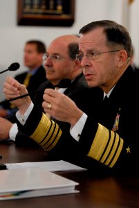 US Navy 070503-N-0696M-046 Secretary of the Navy (SECNAV) the Honorable Dr. Donald C. Winter (left) and Chief of Naval Operations (CNO) Adm. Mike Mullen testify to the Senate Armed Services Committee