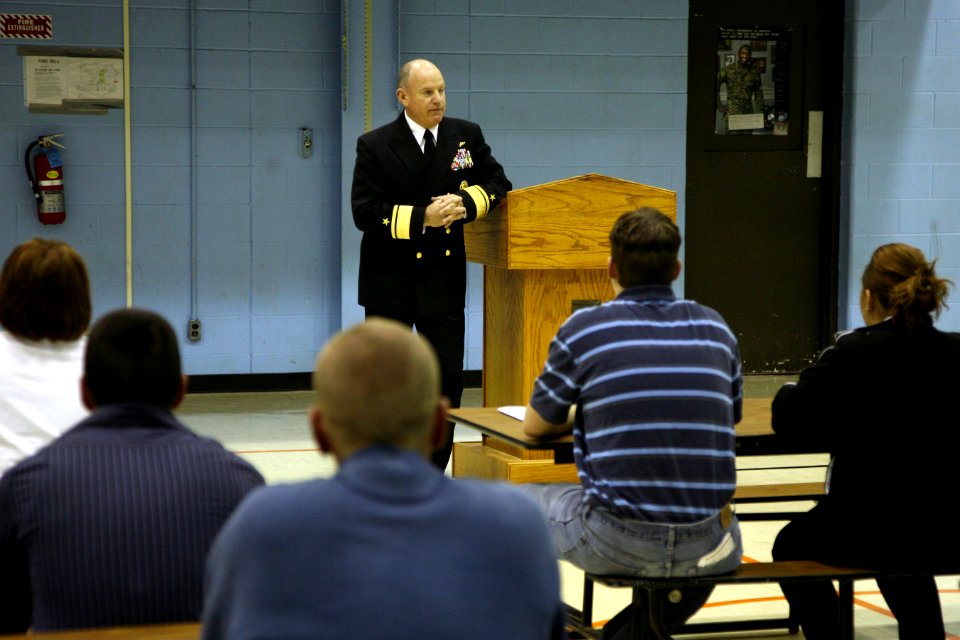 US Navy 070503-N-3271W-001 Director for Operational Plans and Joint Force Development, Joint Staff, Rear Adm. Richard J. Mauldin, speaks with a group of 40 Delayed Entry Program members, encouraging them as they prepare for Nav