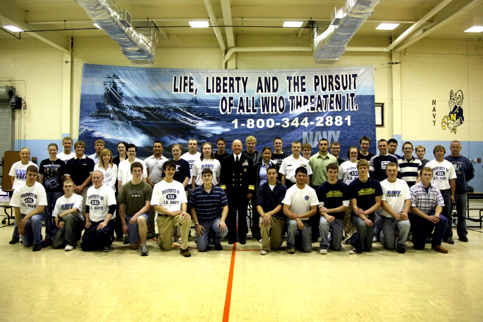 US Navy 070503-N-3271W-002 Director for Operational Plans and Joint Force Development, Joint Staff, Rear Adm. Richard J. Mauldin, poses with a group of 40 Delayed Entry Program members after speaking with and encouraging them a