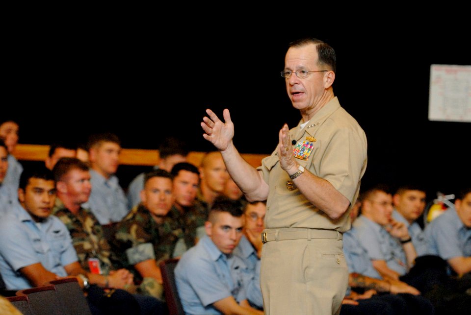 US Navy 070507-N-0696M-462 Chief of Naval Operations (CNO) Adm. Mike Mullen answers questions from Sailors assigned to Pearl Harbor-based commands during an all hands call at Sharkey Theatre