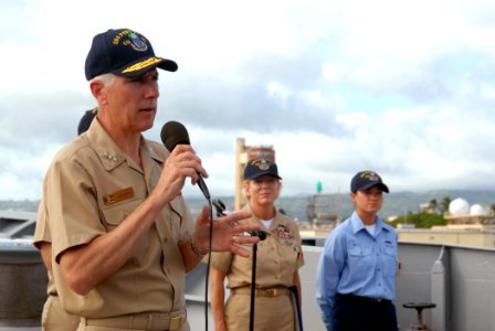 US Navy 070507-N-4965F-015 Vice Adm. Samuel Locklear, commander, U.S. 3rd Fleet, addresses the crew of Ticonderoga-class guided-missile cruiser USS Port Royal (CG 73) during an awards ceremony