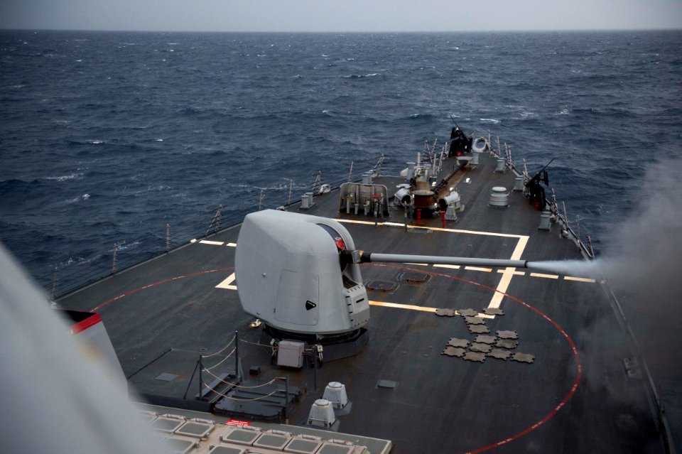 USS Donald Cook (DDG-75) firing 5-inch gun in the Bay of Cadiz 160510-N-TC720-103
