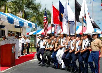 US Navy 070504-N-4779D-026 A multi-service flag detail presents the colors to the official party at the Joint Interagency Task Force (JIATF) South change of command ceremony