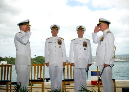 US Navy 070508-N-4856G-024 Adm. Robert F. Willard relieves Adm. Gary Roughead as Commander, U.S. Pacific Fleet (COMPACFLT) during the COMPACFLT change of command ceremony at Naval Station Pearl Harbor