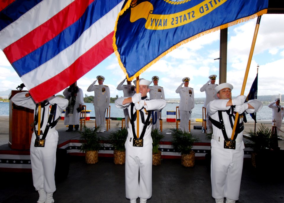 US Navy 070508-N-4965F-009 Sailors assigned to Navy Region Hawaii Ceremonial Guard parade the colors during a change of command ceremony