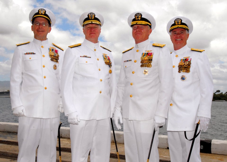 US Navy 070508-N-4965F-034 Chief of Naval Operations (CNO) Adm. Mike Mullen, Adm. Gary Roughead, Adm. Robert F. Willard, Commander, U.S. Pacific Fleet, and Adm. Timothy J. Keating, Commander, U.S. Pacific Command, pose for a ph