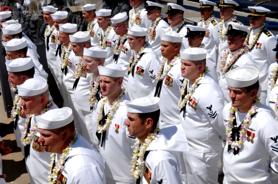 US Navy 070505-N-3642E-395 Sailors assigned to Pre-Commissioning Unit (PCU) Hawaii (SSN 776) prepare to man the ship, and officially bring the newest Virginia-class nuclear attack submarine to life