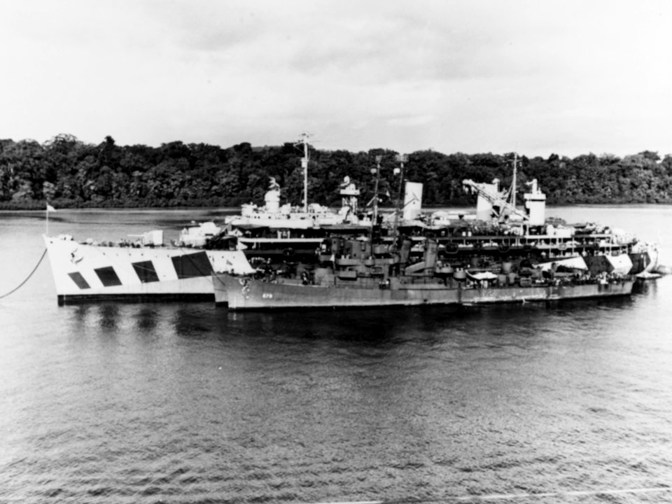USS Dixie (AD-14) with Harmon (DE-678) at New Georgia 1944