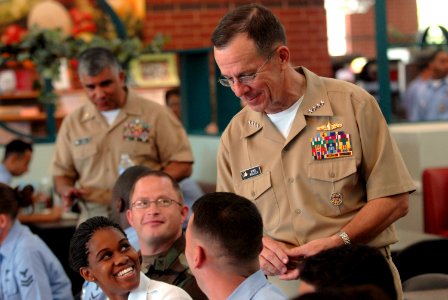 US Navy 070509-N-0696M-326 Chief of Naval Operations (CNO) Adm. Mike Mullen and Master Chief Petty Officer of the Navy (MCPON), Joe R. Campa Jr., visit with Sailors assigned to Naval Air Station Pensacola