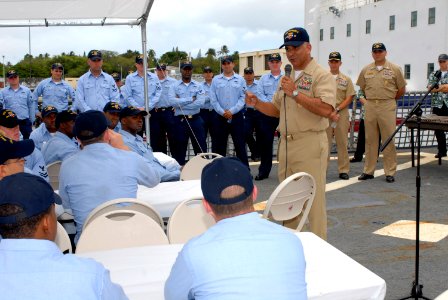US Navy 070507-N-0696M-428 Master Chief Petty Officer of the Navy (MCPON) Joe R. Campa Jr. answers questions from Sailors assigned to guided missile destroyer USS Russell (DDG 59) during an all hands call on the fantail of the