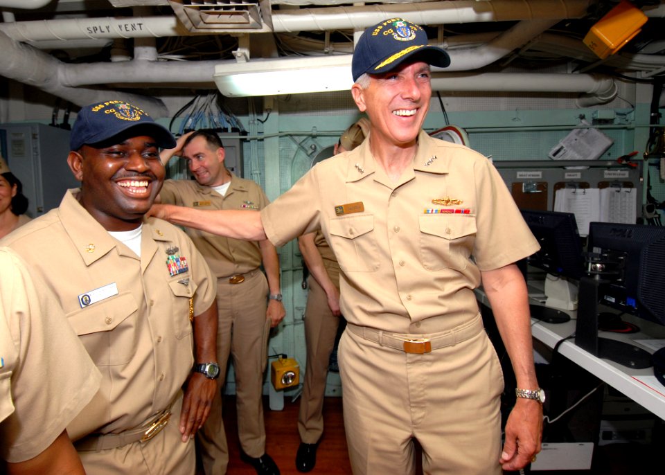 US Navy 070507-N-4965F-006 Commander, U.S. Third Fleet, Vice Adm. Samuel Locklear, greets Sailors assigned to Ticonderoga-class guided missile cruiser USS Port Royal (CG 73) during a tour of the ship at Naval Station Pearl Harb