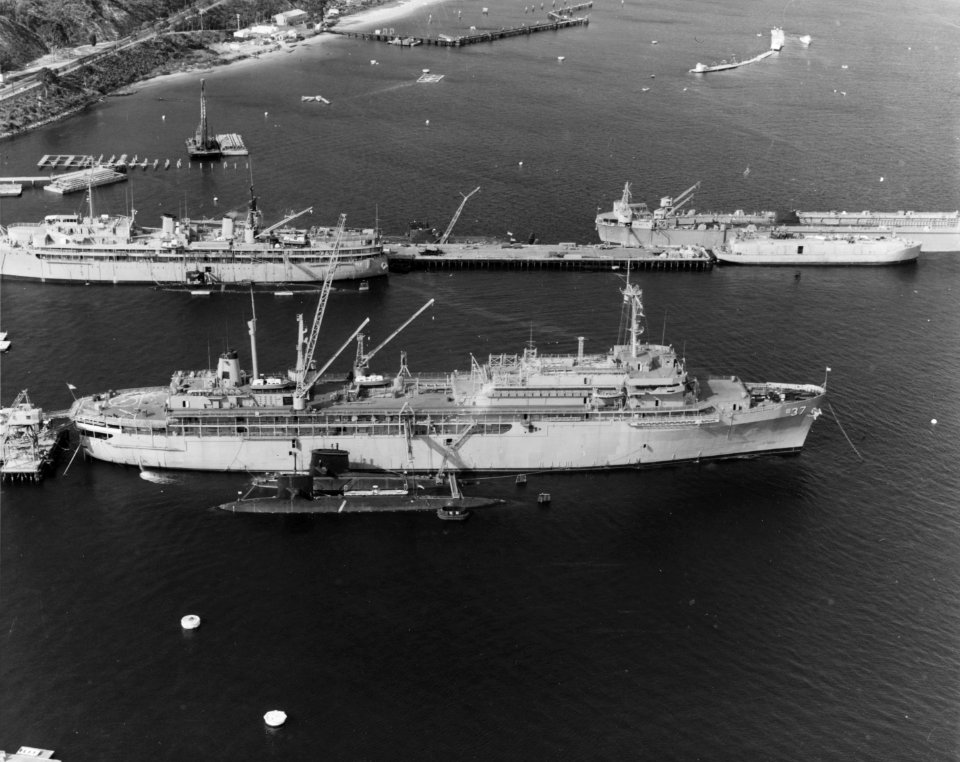 USS Dixon (AS-37) and USS Sperry (AS-12) tending submarines at San Diego on 22 November 1975 (KN-24281)