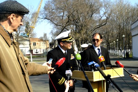 US Navy 070507-N-4649C-142 Cmdr. Thomas C. Halvorson, commanding officer of Arleigh Burke-class guided missile destroyer USS John S. McCain (DDG 56) greets the local media after the ship arrived in Vladivostok, Russia